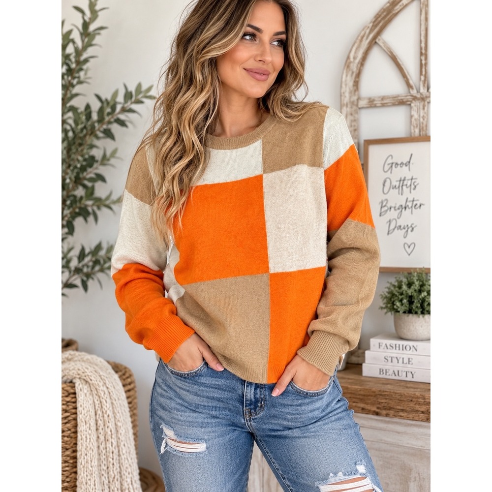 Philosophy Cashmere Women Orange Tan Colorblock Crewneck Sweater Size Large